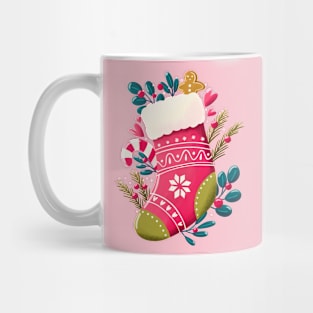 Christmas stocking with decoration on mint background. Cute festive winter holiday illustration. Bright colorful pink and blue design. Mug